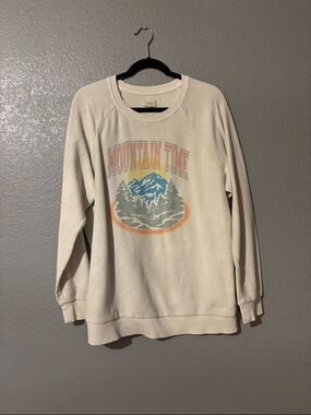 Thread & Supply Cream Crewneck with Mountain Graphic and Blue Accents